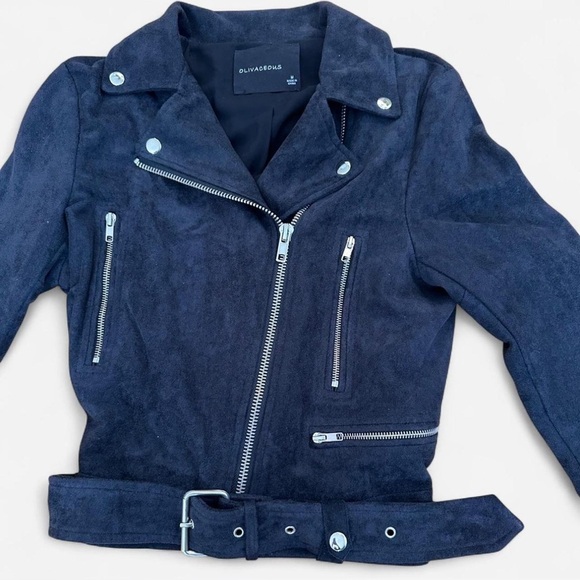 Medium Olivaceous Women’s Moto Jacket Style faux Suede Black Zippers Pockets - Picture 2 of 6